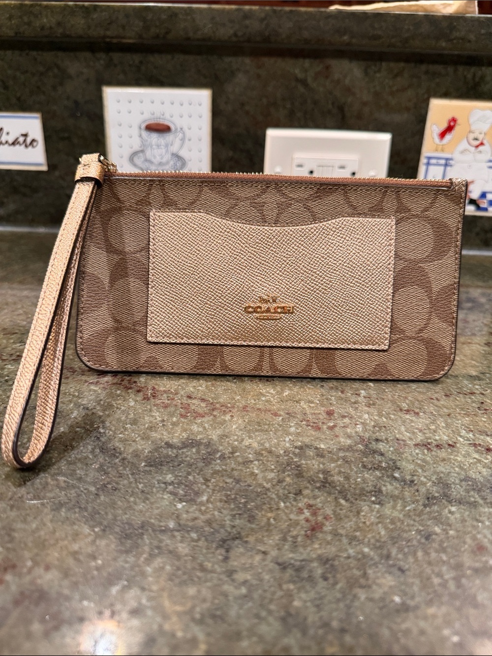 Coach Beige Signature Canvas Wristlet with Gold Trim Card Compartments